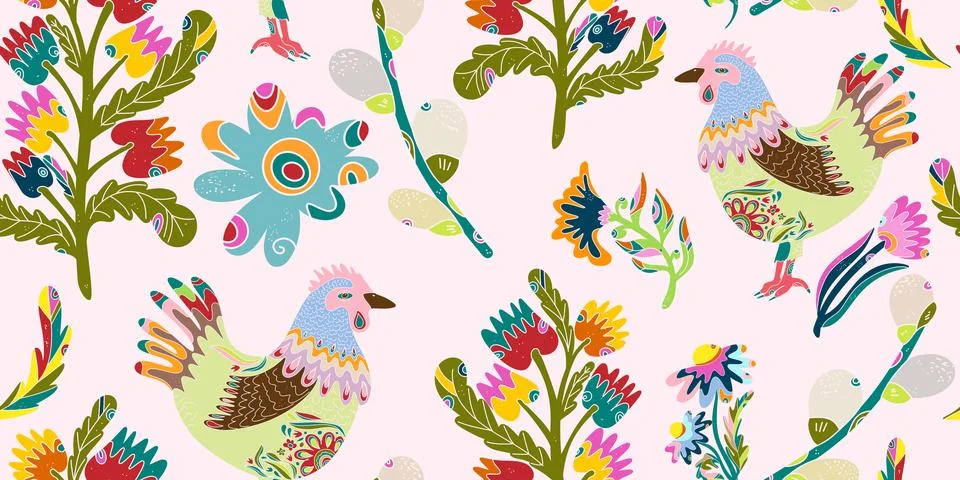 Whimsical folk art. A seamless pattern in a naive, fairytale style with a ric Illustrazione stock
