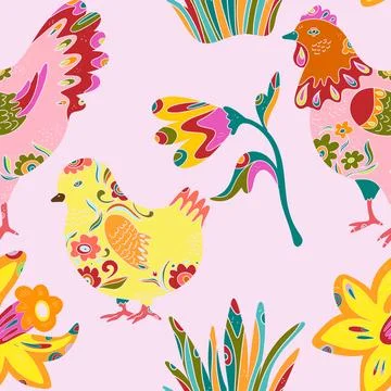 Whimsical folk art. A seamless pattern in a naive, fairytale style with a ric Stock Illustration