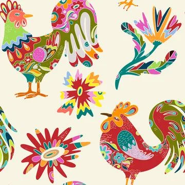 Whimsical folk art. A seamless pattern in a naive, fairytale style with a ric Stock Illustration