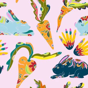 Whimsical folk art. A seamless pattern in a naive, fairytale style with a ric Stock Illustration