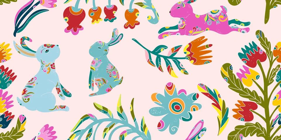 Whimsical folk art. A seamless pattern in a naive, fairytale style with a ric Illustrazione stock