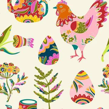 Whimsical folk art. A seamless pattern in a naive, fairytale style with a ric Stock Illustration