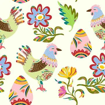 Whimsical folk art. A seamless pattern in a naive, fairytale style with a ric Stock Illustration