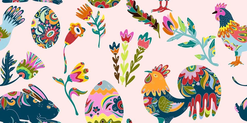 Whimsical folk art. A seamless pattern in a naive, fairytale style with a ric Stock Illustration