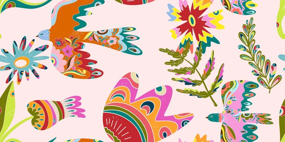 Whimsical folk art. A seamless pattern in a naive, fairytale style with a ric Stock Illustration