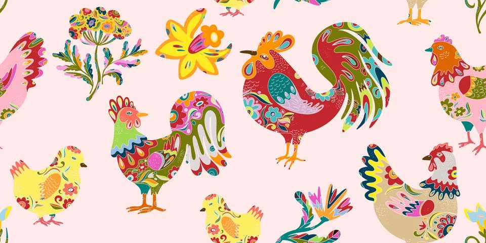 Whimsical folk art. A seamless pattern in a naive, fairytale style with a ric Stock Illustration