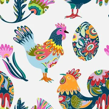 Whimsical folk art. A seamless pattern in a naive, fairytale style with a ric Stockillustratie