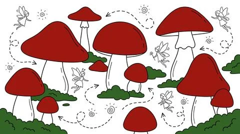 Whimsical Forest Scene with Red-Capped Mushrooms and Tiny Flying Creatures. Stock Illustration