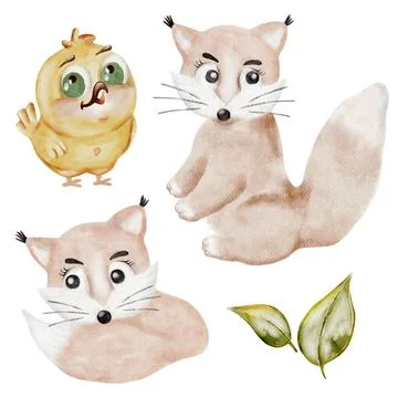 Whimsical fox and chick illustrations in a cute watercolor design for creat.. Stock Illustration