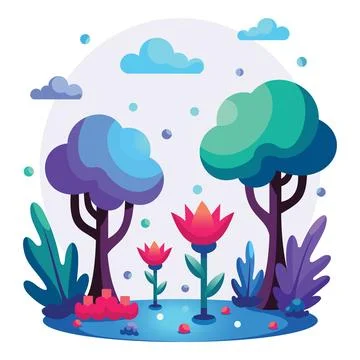 Whimsical garden illustration with gradient trees and fantasy flowers Stock Illustration