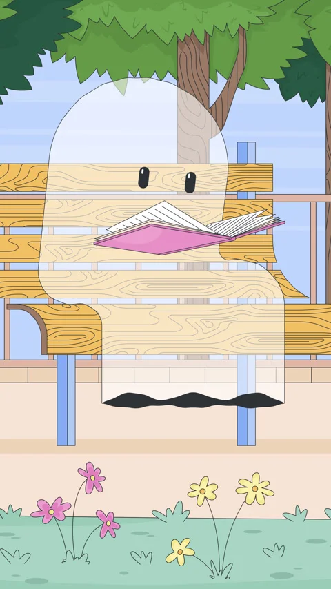 Whimsical ghost reading on park bench peacefully lofi vertical animation Stock Footage 320063252