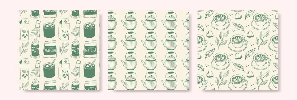 Whimsical green matcha tea patterns on cream background Stock Illustration
