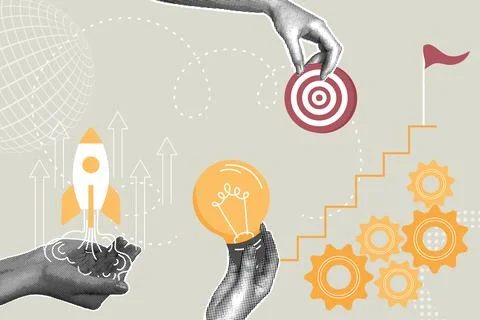 Whimsical halftone collage. Concept of developing a new idea, organizing and Stock Illustration