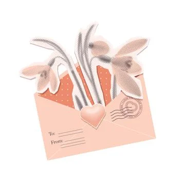 Whimsical halftone collage featuring spring flowers inside an envelope. Mixed Stock Illustration
