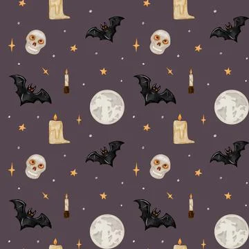 Whimsical Halloween pattern featuring bats, skulls, and candles against a d.. Stock Illustration