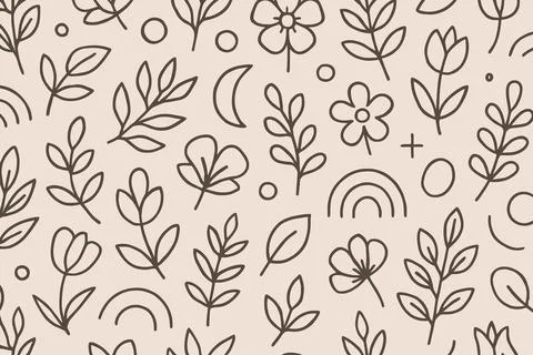 Whimsical hand drawn botanical elements and celestial motifs pattern Stockillustratie