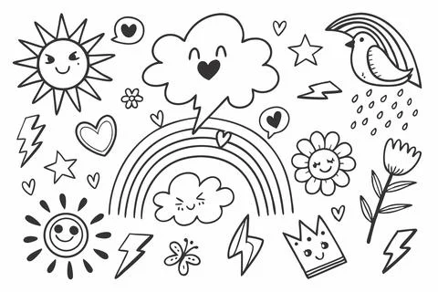 Whimsical hand drawn doodle set with weather, nature, and happy elements icons Illustrazione stock