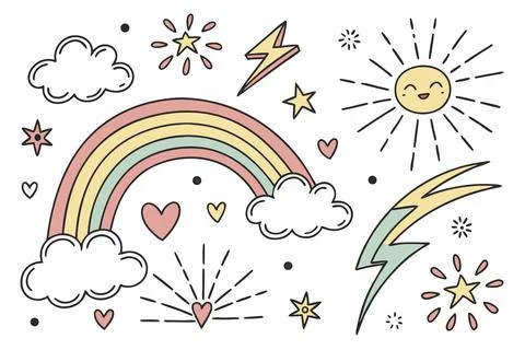 Whimsical hand drawn nature elements: rainbow, sun, clouds, stars and hearts. 스톡 일러스트