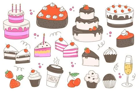 Whimsical Hand Drawn Vector Illustration with Birthday Cakes. Bakery brandi.. Stock Illustration