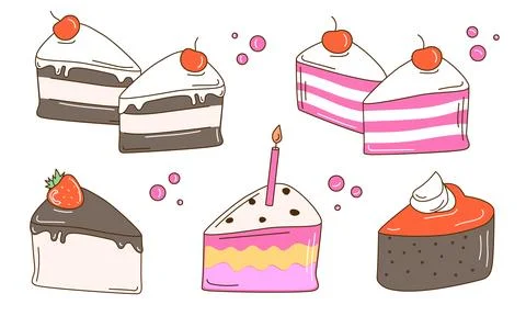 Whimsical Hand Drawn Vector Illustration with Birthday Cake Pieces. Stock Illustration