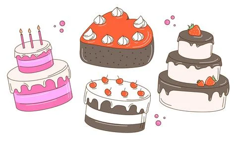 Whimsical Hand Drawn Vector Illustration with Birthday Cakes. Bakery brandi.. Stock Illustration