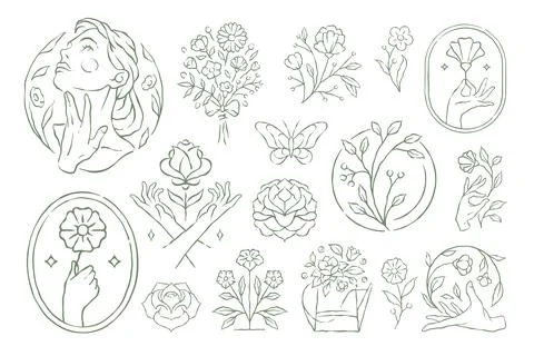 A Whimsical Hand Drawn Vector Illustration Of Elegant Feminine Floral Icons 스톡 일러스트