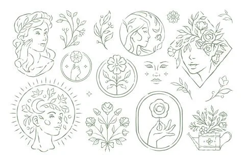 A Whimsical Hand Drawn Vector Illustration Set Of Celestial Beauty Icons 스톡 일러스트
