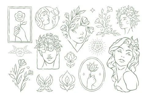 A Whimsical Hand Drawn Vector Illustration Of Divine Feminine Floral Icons 스톡 일러스트