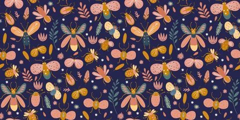 Whimsical Insect Butterfly Bug Moth Seamless Vector Pattern Flower And Leaf In Illustrazione stock