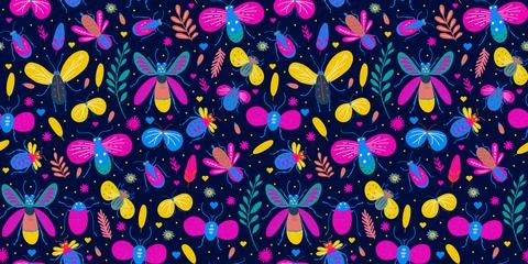 Whimsical Insect Butterfly Bug Moth Seamless Vector Pattern Flower And Leaf In Stock Illustration