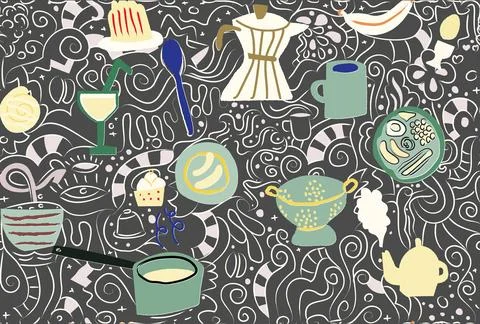 Whimsical Kitchen Doodle Pattern with Coffee, Baking and Cooking Elements 스톡 일러스트