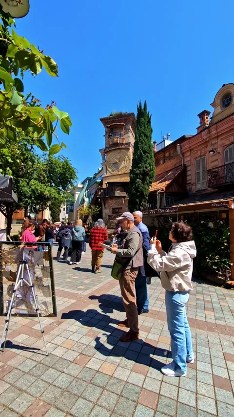Whimsical Leaning Clock Tower Of The Rezo Gabriadze Puppet Theather In The Old 스톡 동영상 337153717