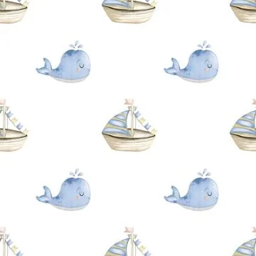 Whimsical marine life pattern featuring cute whales and sailboats in soft b.. Stock Illustration