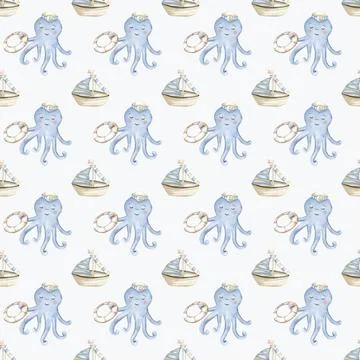 Whimsical marine pattern featuring playful octopuses and boats in baby blue.. Stock Illustration