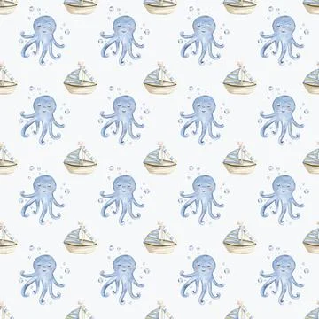 Whimsical marine pattern featuring playful octopuses and sailboats in soft .. Stock Illustration