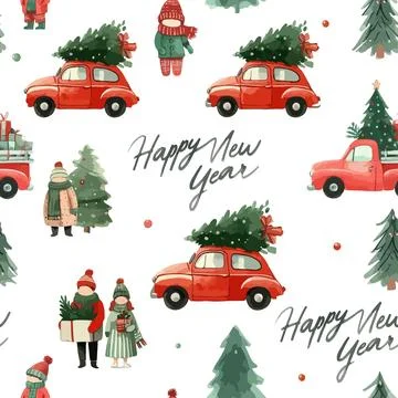 Whimsical New Year Pattern with Red Cars and Trees. Stock Illustration