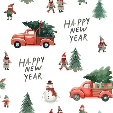 Whimsical New Year Pattern with Red Cars and Trees. Stock Illustration