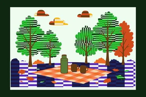 Whimsical Picnic with Hat Clouds Stock Illustration