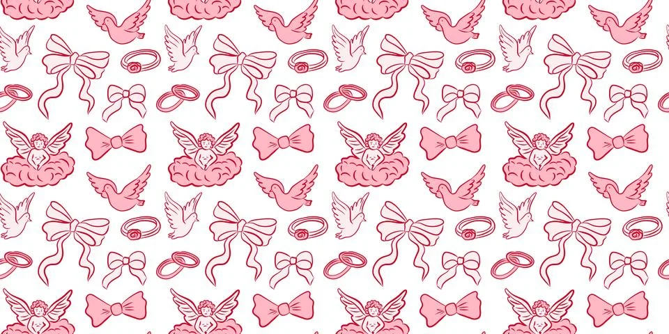 A whimsical pink pattern that features cute bows and lovely angels, perfect.. Stock Illustration