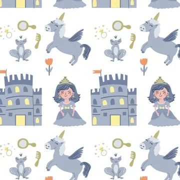 Whimsical princess and castle pattern for children's designs Illustrazione stock