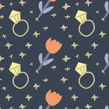 Whimsical princess pattern with rings flowers and stars for fabric design Stock Illustration