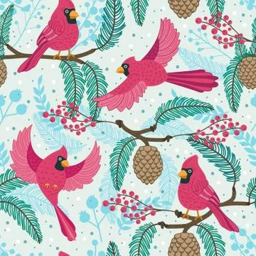 Whimsical repeating pattern. Christmas and winter theme. Red Cardinal birds. Stock Illustration