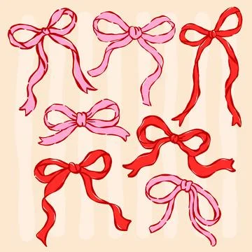 Whimsical Ribbon Bow Elements Hand Drawn in Coquette Aesthetic Set Stock Illustration