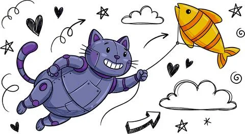 Whimsical Robot Cat Flying with Fish Kite Doodle Illustration. Stock Illustration
