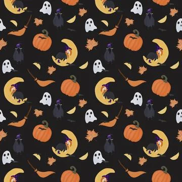 Whimsical Seamless Halloween Pattern Featuring Witches, Pumpkins, Ghosts, R.. 스톡 일러스트