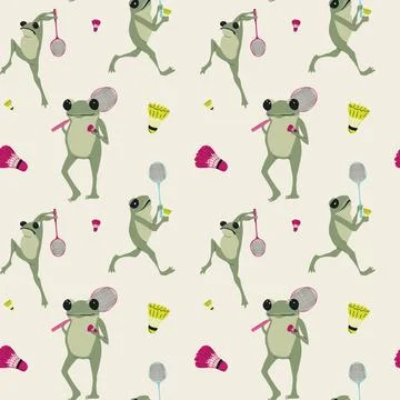 Whimsical seamless pattern of cartoon frogs having fun playing badminton. Stock Illustration