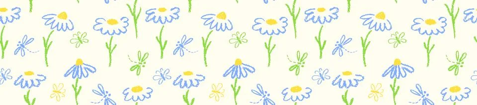Whimsical seamless pattern of chamomile, butterfly, and dragonfly. Pastel crayon Stock Illustration