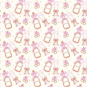 Whimsical Seamless Pattern Champagne Bottle and Flute Glass with Bow Hand D.. Stock Illustration