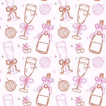 Whimsical Seamless Pattern Champagne Glasses with Bow Hand Drawn Retro Isol.. Stock Illustration