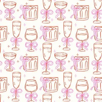 Whimsical Seamless Pattern Cocktail drink Glasses with Bow Hand Drawn Retro.. Stock Illustration